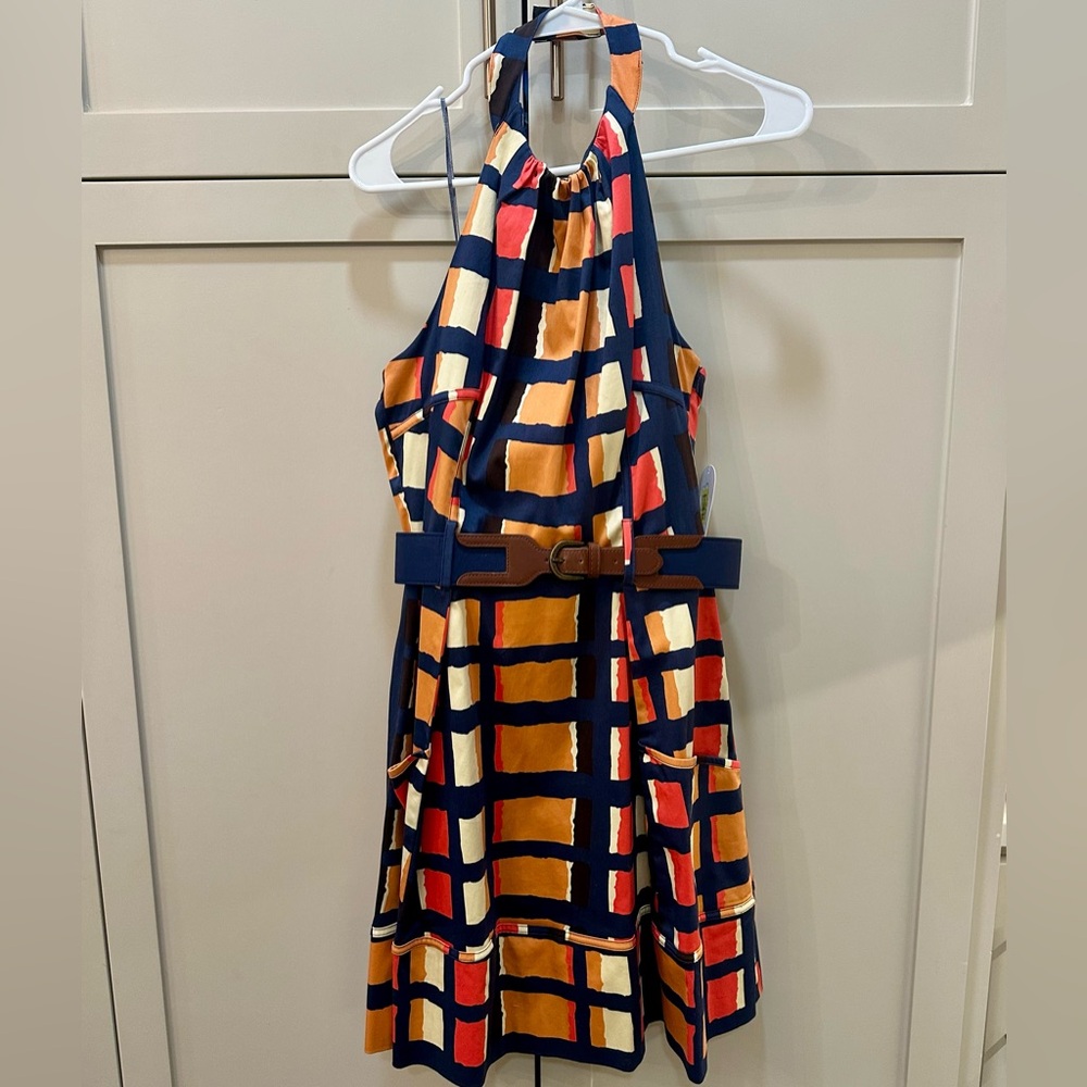 NWT Jessica Simpson Stylish Women’s Halter Dress with Belt - Navy/Orange pattern - Picture 9 of 10
